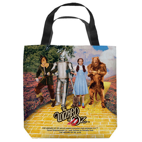 16 inches by 16 inches, Wizard of Oz-On the road" Tote Bag.  This highly collectible bag is made of a spun polyester, and has the look and feel of a "Light Weight Cotton Canvas Bag".  Includes 2 black handles and is printed on both sides with same image shown.  
